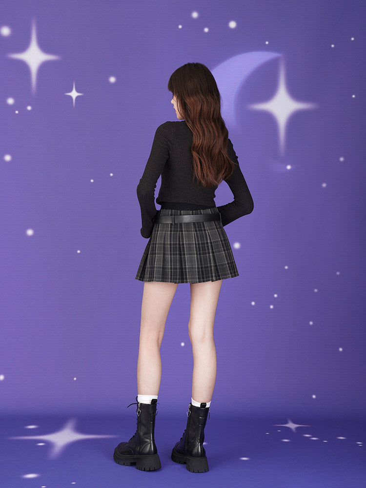 Gray Plaid Heart Belt Pleated Mini Skirt