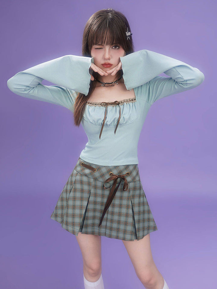 Blue Plaid Ribbon Tie Pleated Mini Skirt