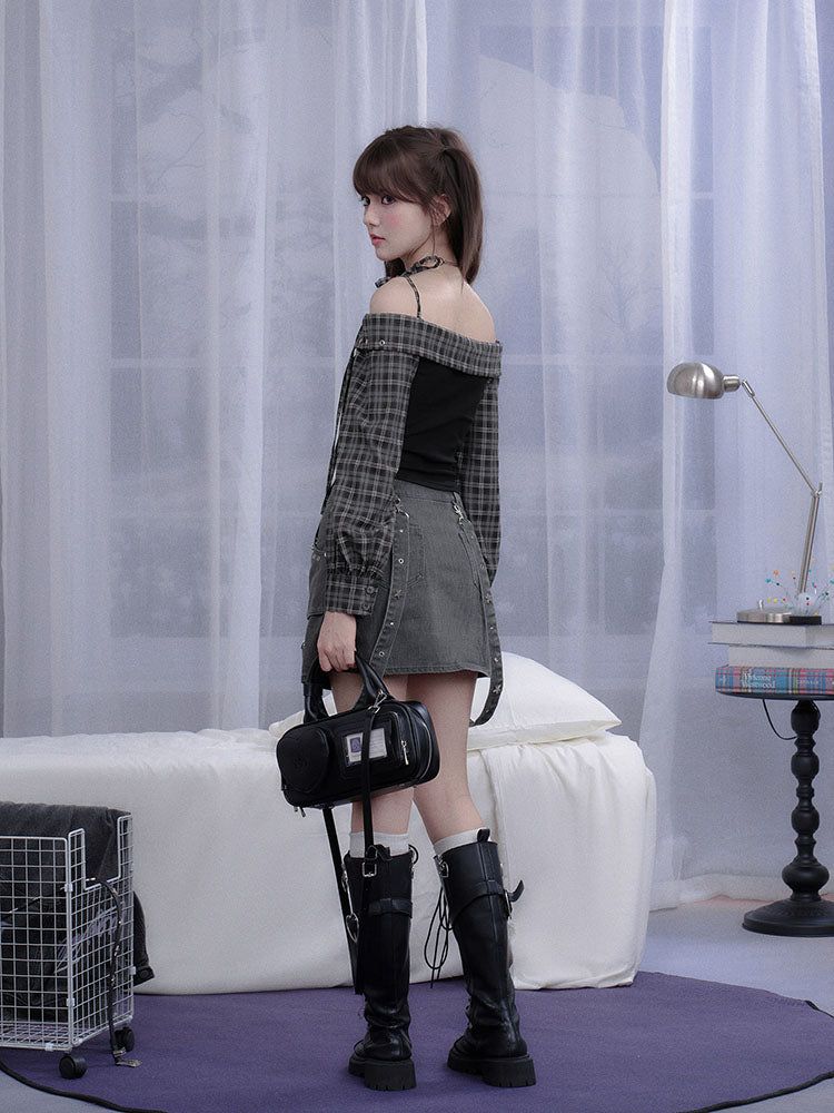Subcul Grunge Plaid Off-Shoulder Corset Top