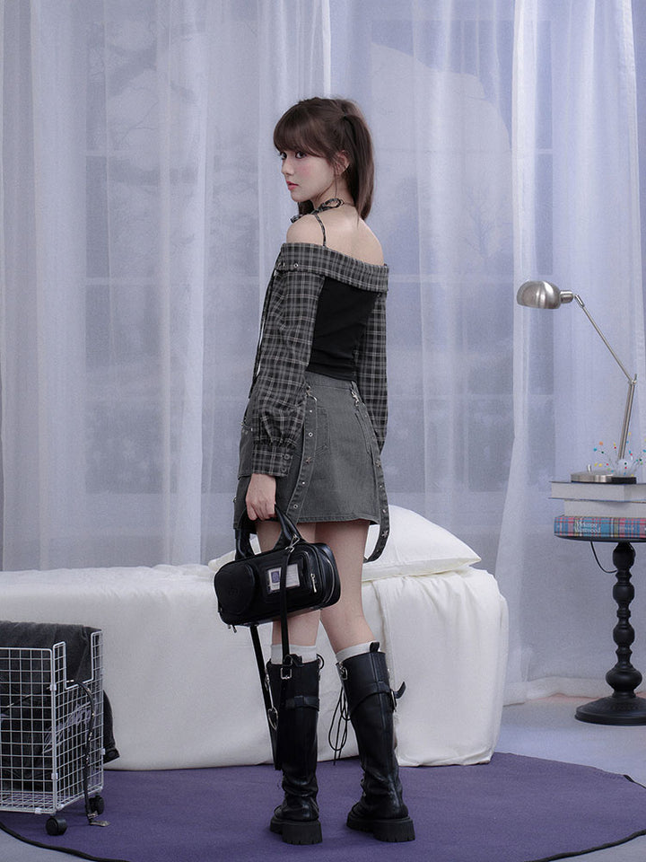 Subcul Grunge Plaid Off-Shoulder Corset Top