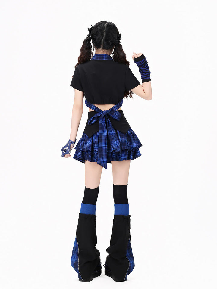 Plaid Tie Crop Top Ruffle Skirt