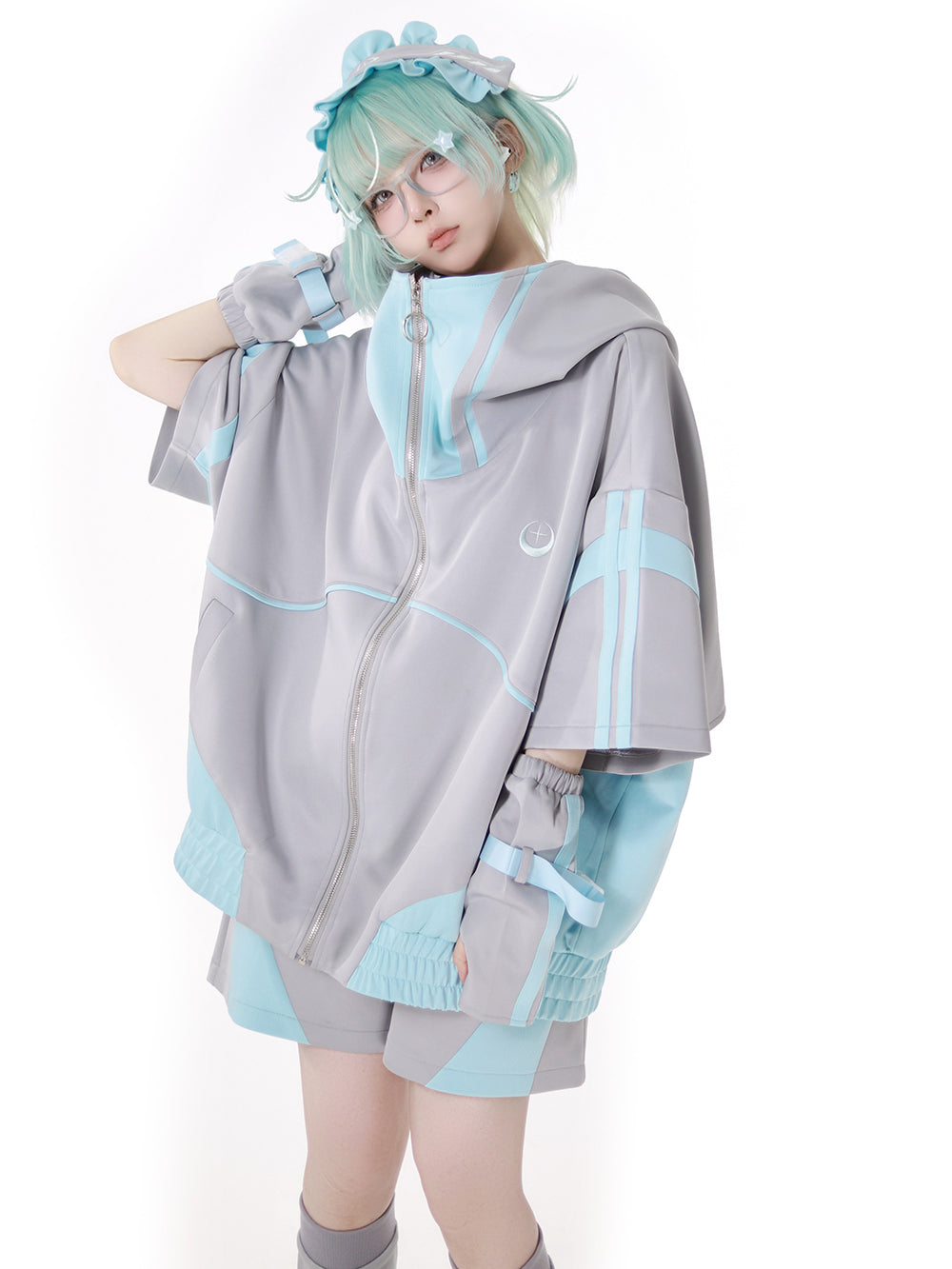 Cyber Y2K Hooded Jacket Shorts Pants Arm Sleeves Leg Warmers Headpiece