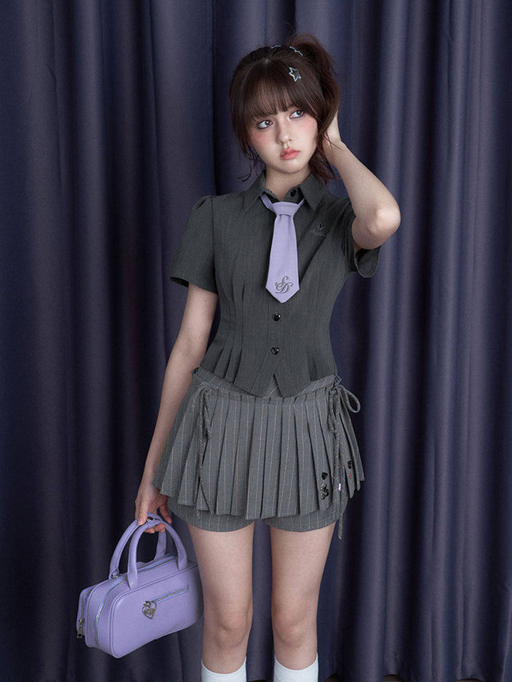 Gray Pinstripe Bow Pleated Skort