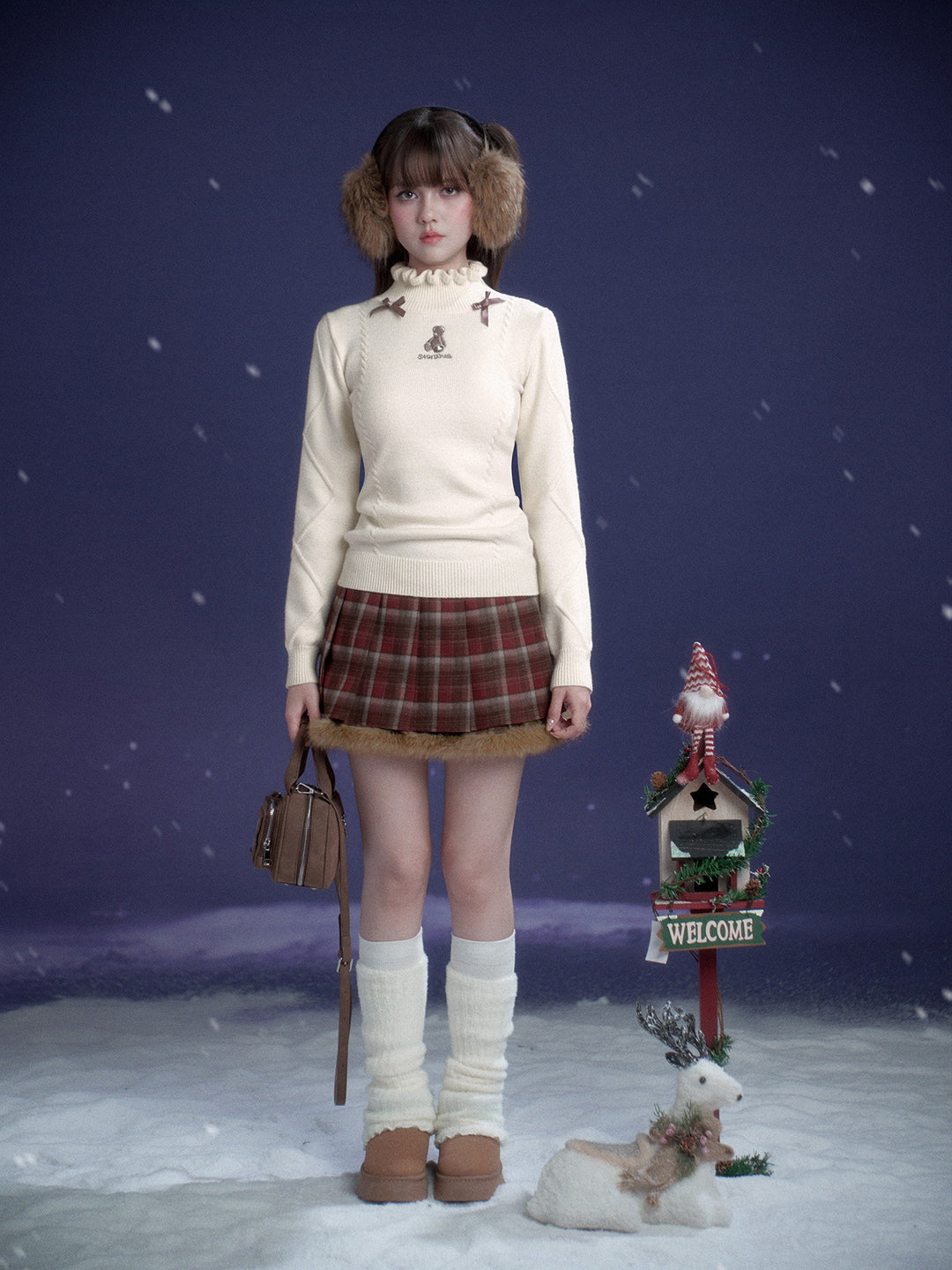 Red Plaid Fluffy Trim Pleated Mini Skirt