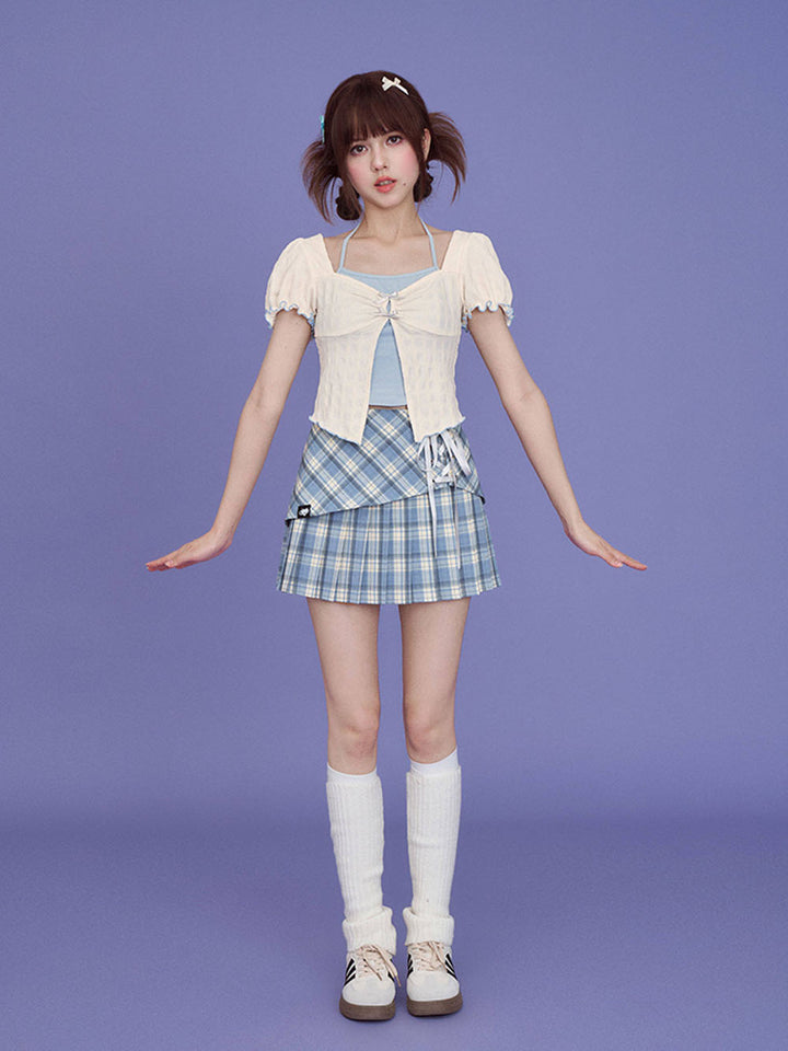 Blue Plaid Lace Up Pleated Skort