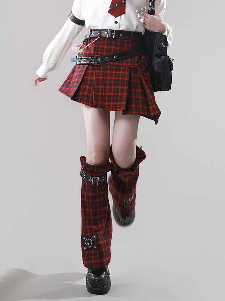 Punk Red Plaid Belted Skirt