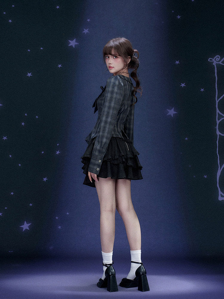 Jirai Plaid Bow Corset Long Sleeve Top
