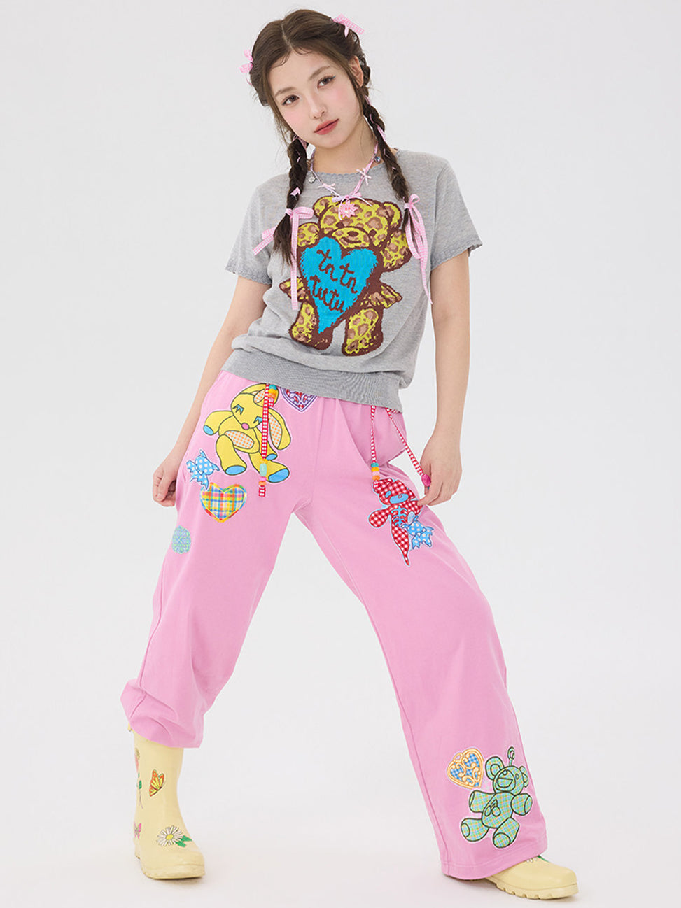 Pink Teddy Bear Patch Wide Leg Pants