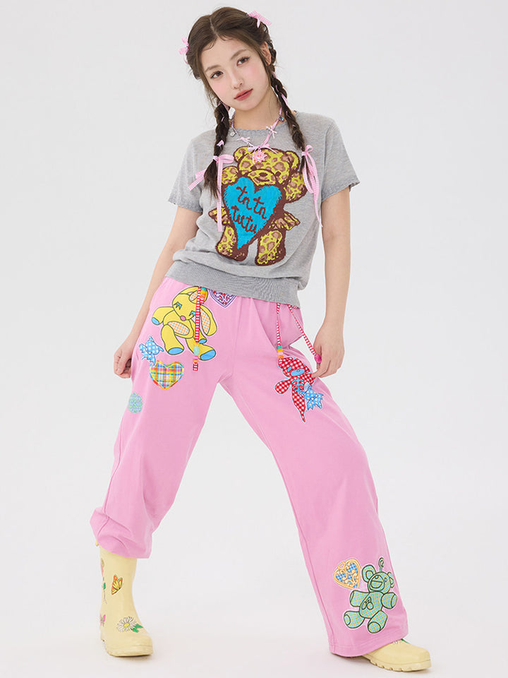 Pink Teddy Bear Patch Wide Leg Pants