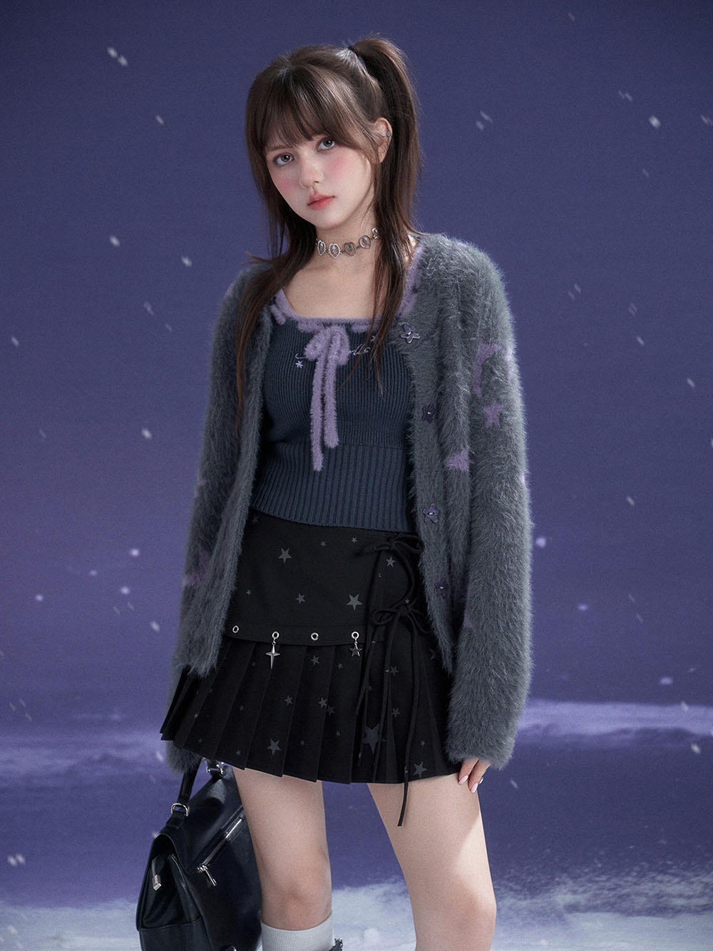 Black Star Charm Bow Pleated Mini Skirt