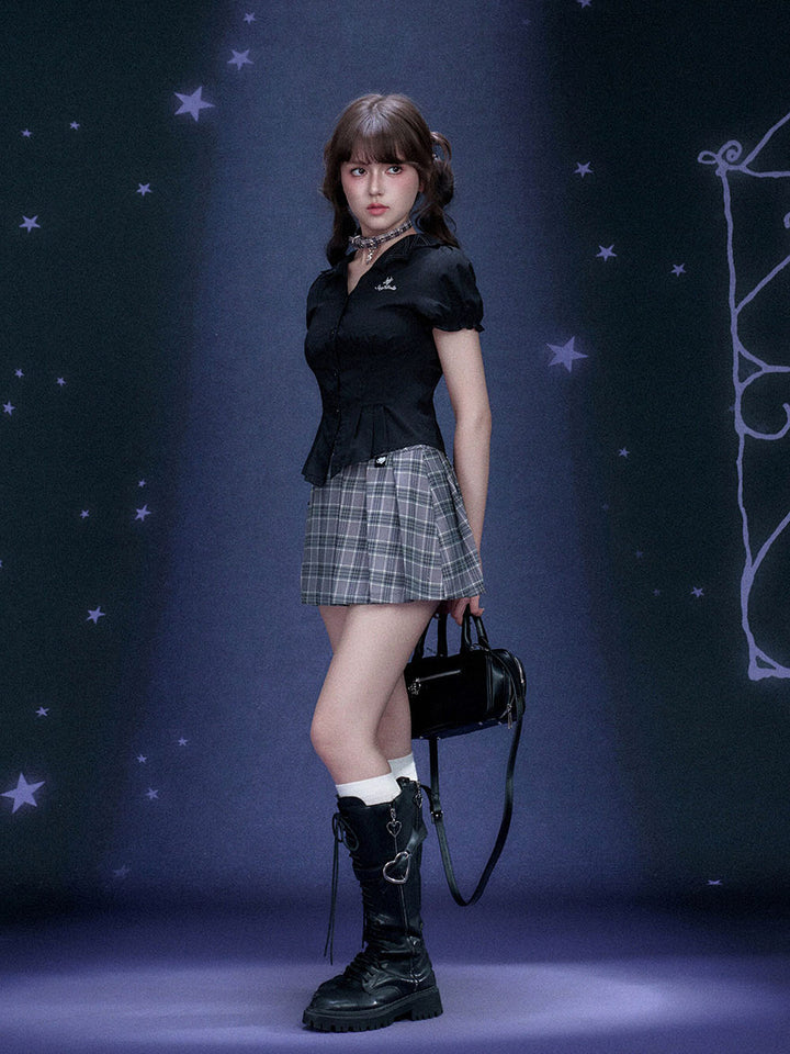 Gray Plaid Buckle Panel Pleated Mini Skirt