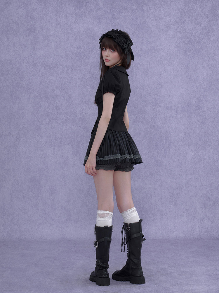 Pinstripe Ruffle Lace Bow Mini Skort