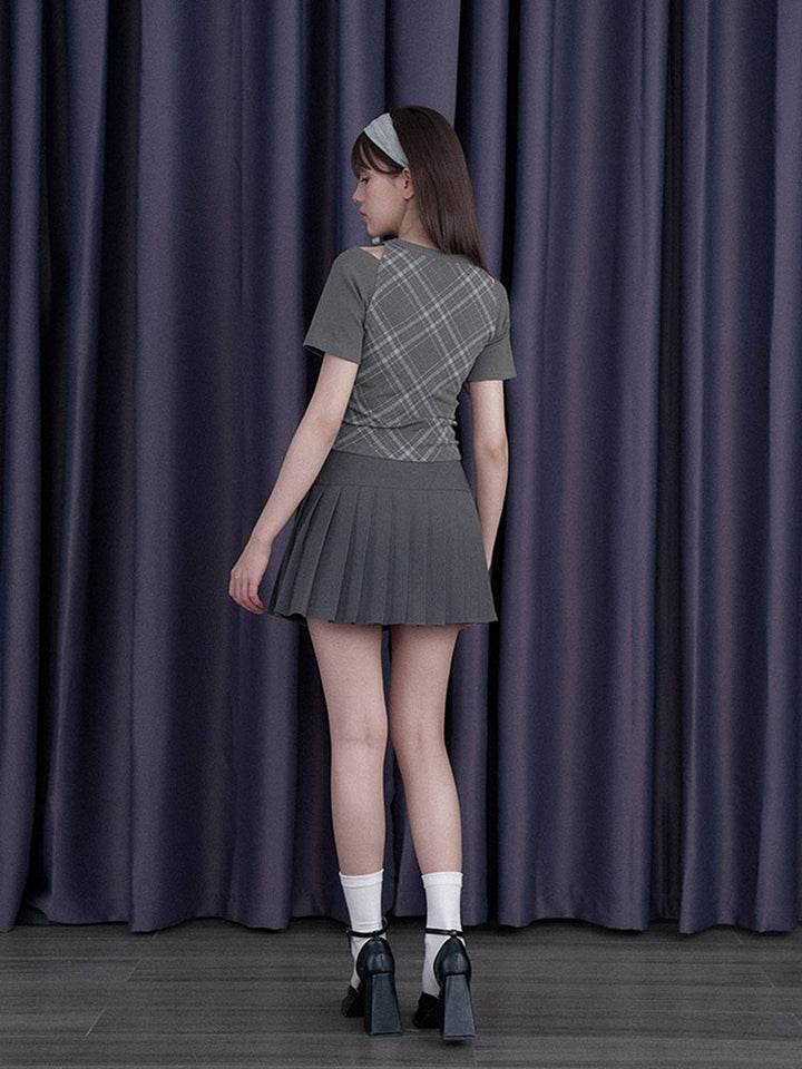 Gray Plaid Bow Cutout Ruched Tee
