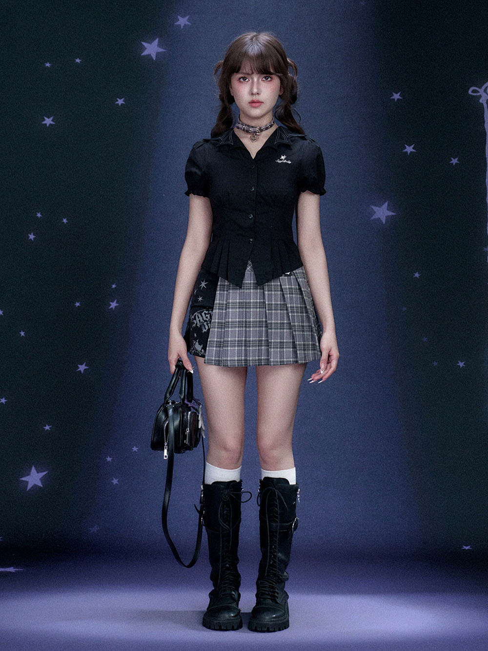 Gray Plaid Buckle Panel Pleated Mini Skirt