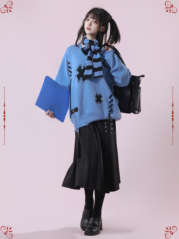 Grunge Distressed Cross Knit Sweater