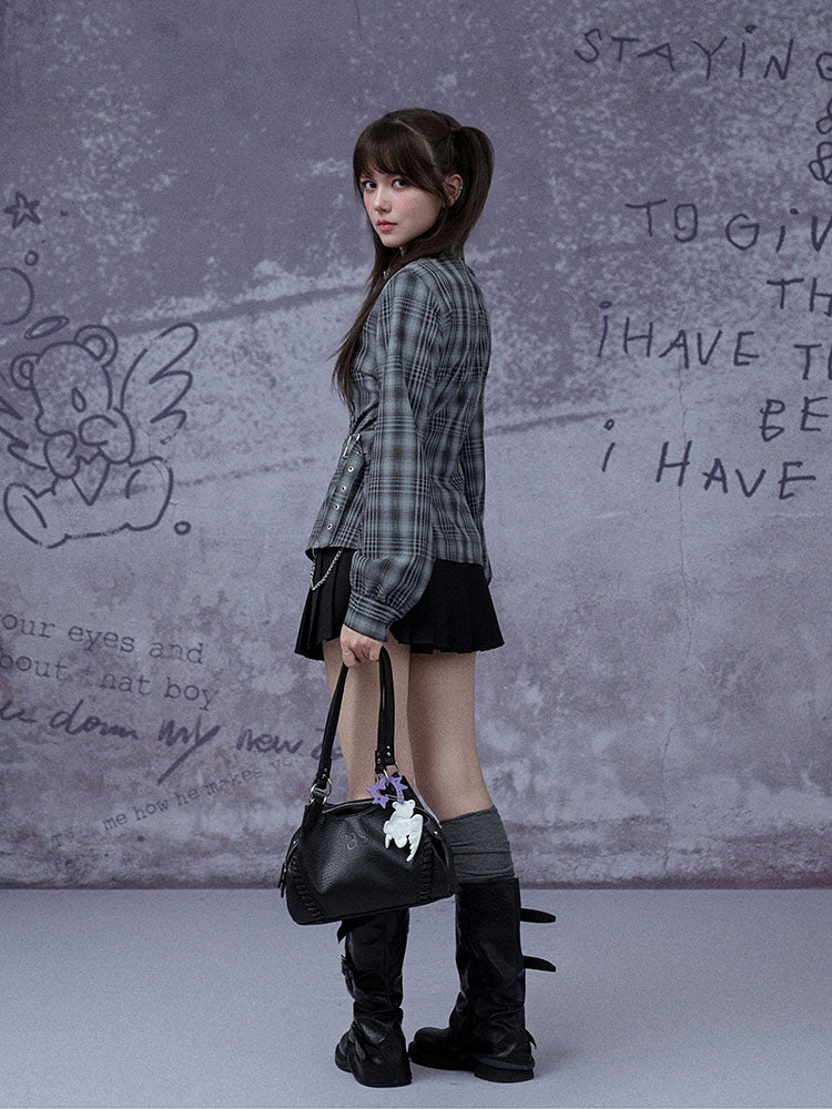Grunge Asymmetric Plaid Buckle Neck Top