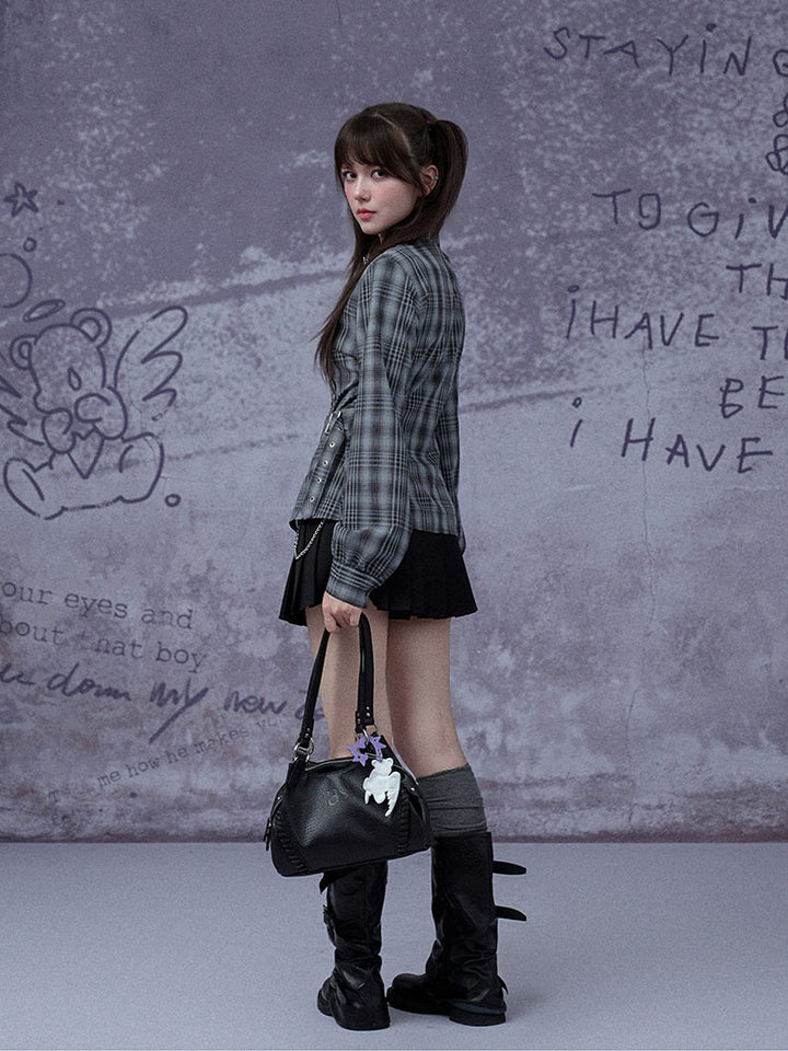 Grunge Asymmetric Plaid Buckle Neck Top