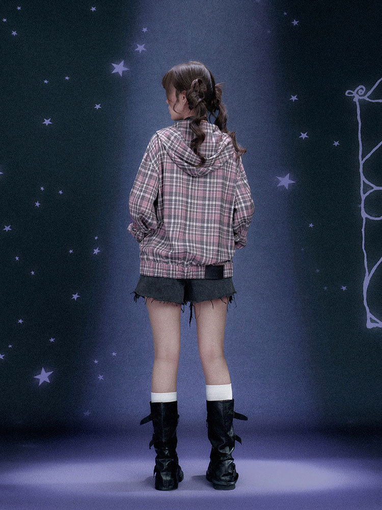 Jirai Plaid Star Zip Up Hoodie Jacket