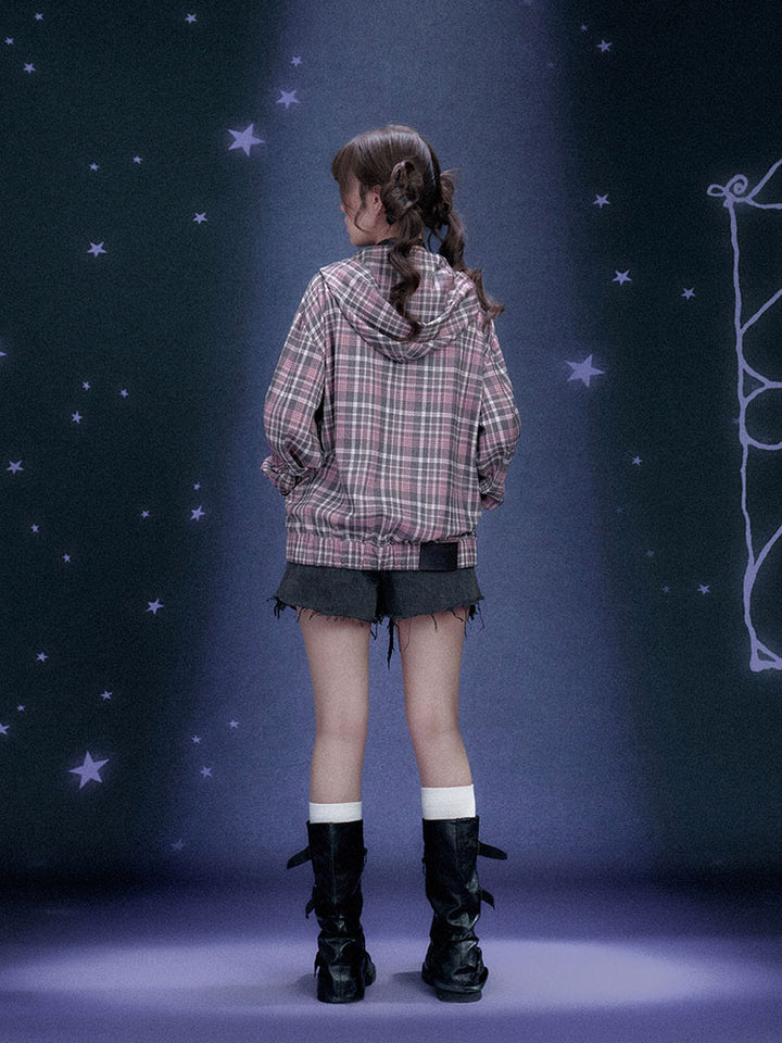 Jirai Plaid Star Zip Up Hoodie Jacket