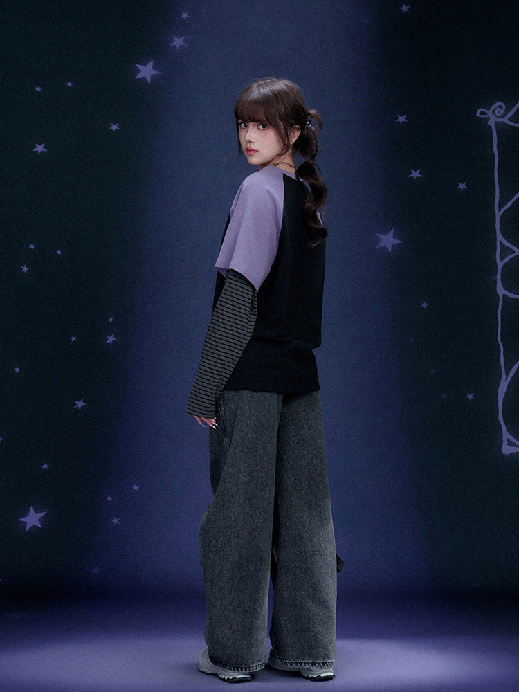 Black Purple Graffiti Print Faux Two Piece Top