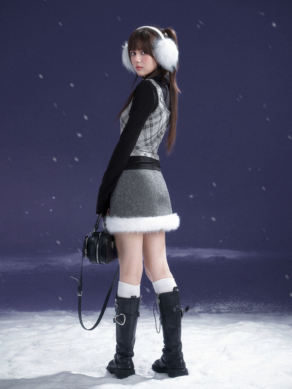 Gray Faux Fur Hem Embroidered Mini Skirt