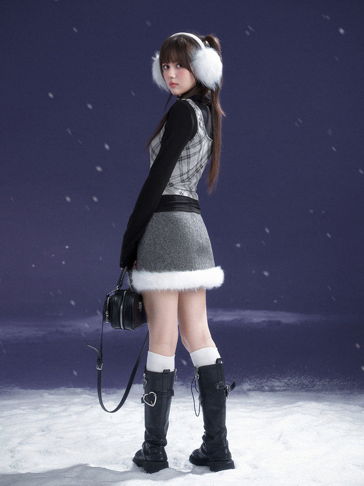 Gray Faux Fur Hem Embroidered Mini Skirt