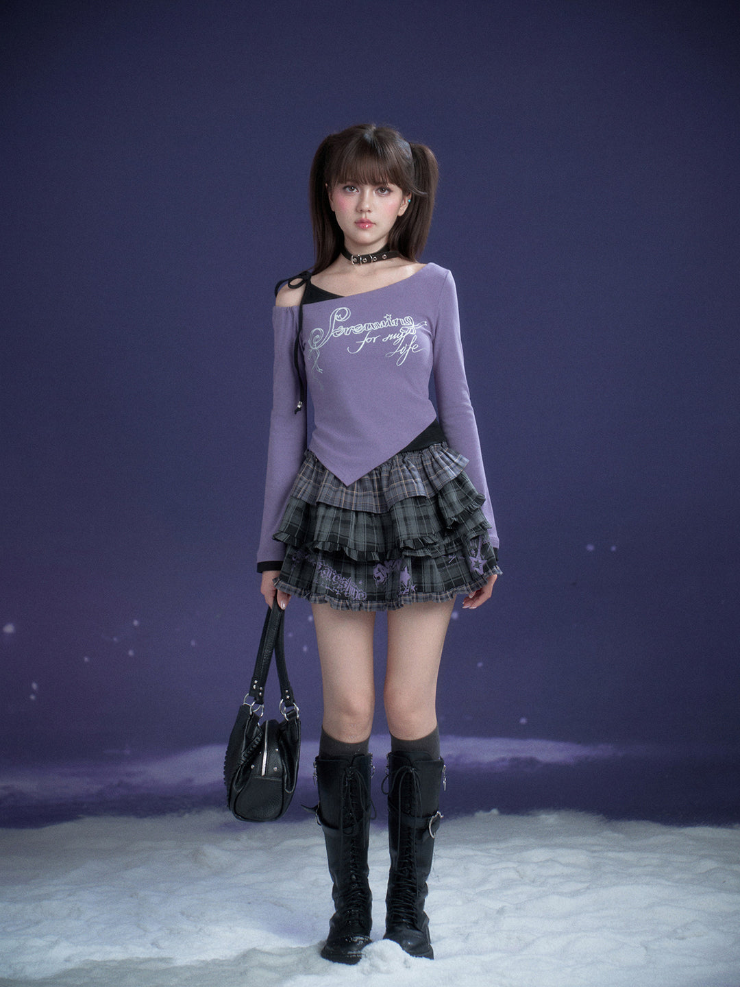 Purple Letter Print Layered Style Long Sleeve Top