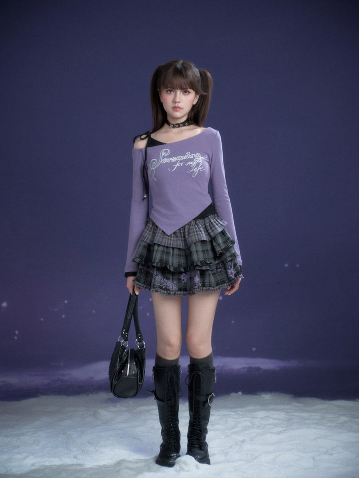Purple Letter Print Layered Style Long Sleeve Top