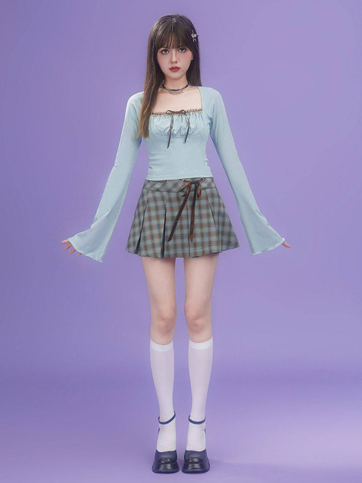Blue Plaid Ribbon Tie Pleated Mini Skirt