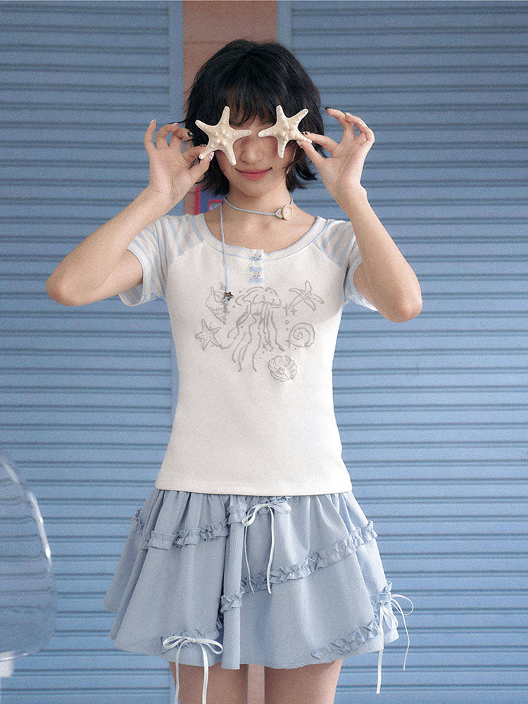Kawaii Jellyfish Starfish Stripe Sleeve T-shirt