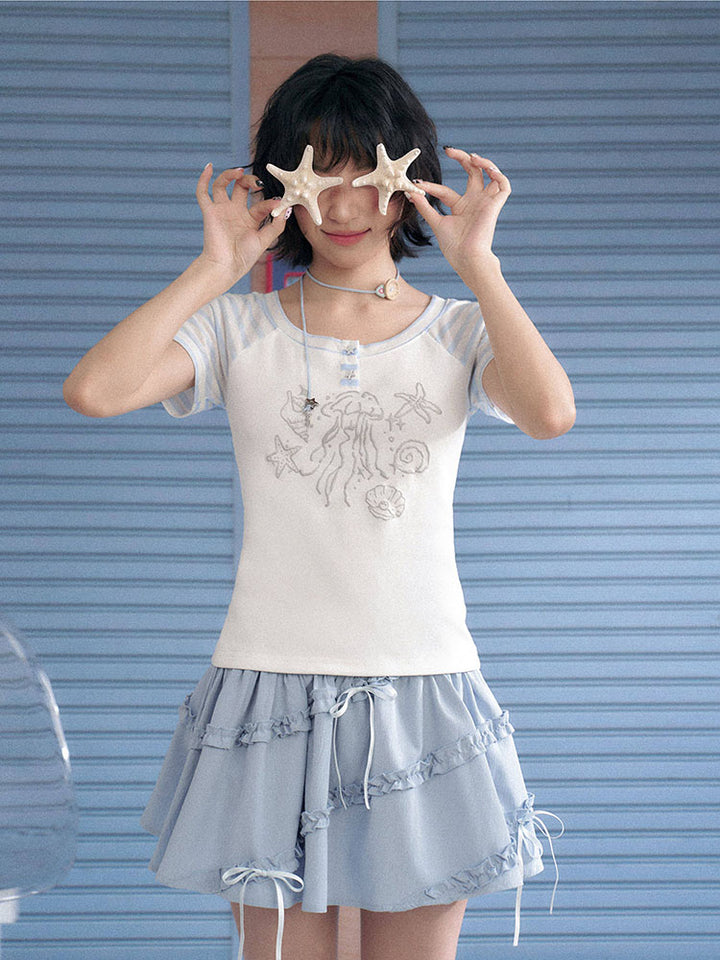 Kawaii Jellyfish Starfish Stripe Sleeve T-shirt