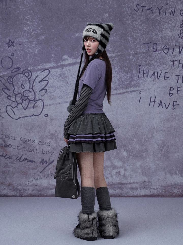 Charcoal Polka Dot Striped Tiered Mini Skirt