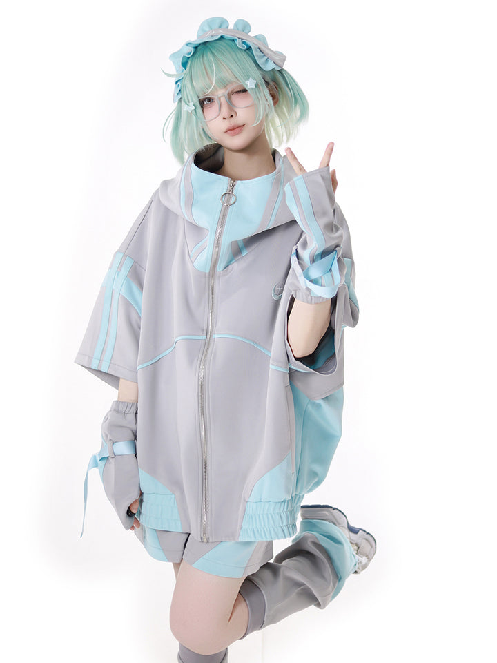 Cyber Y2K Hooded Jacket Shorts Pants Arm Sleeves Leg Warmers Headpiece