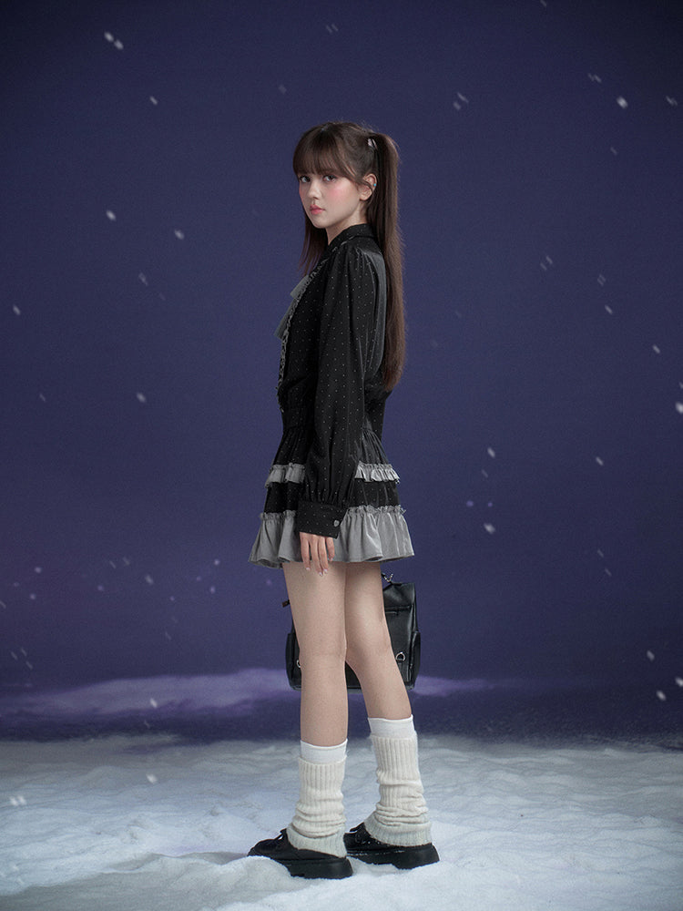 Dark Gray Polka Dot Ruffle Preppy Shirt Dress