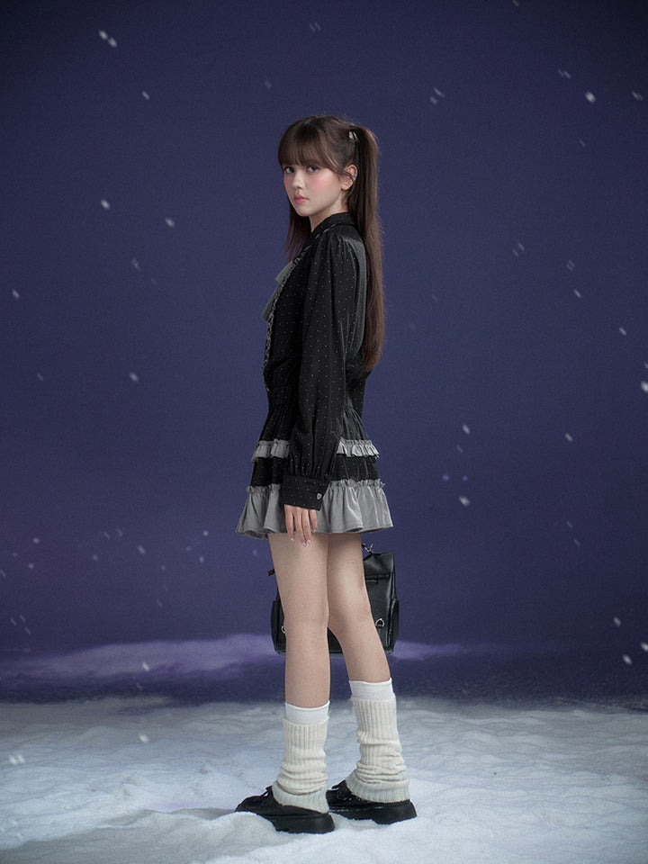 Dark Gray Polka Dot Ruffle Preppy Shirt Dress