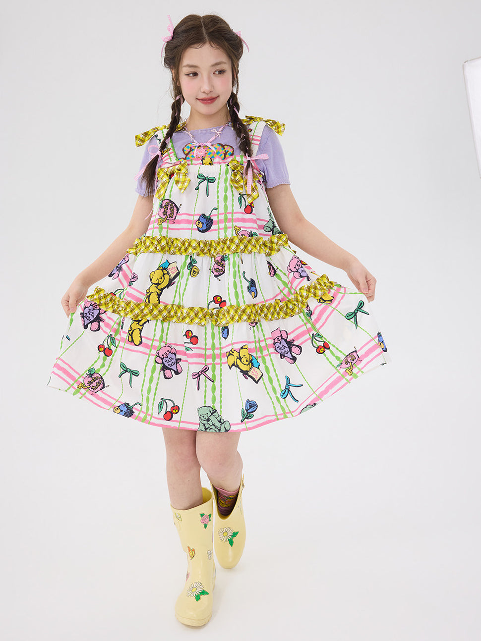Pastel Bear Print Ruffle Bow Dress