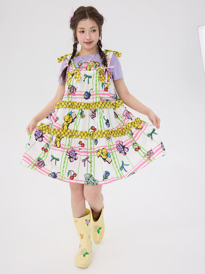 Pastel Bear Print Ruffle Bow Dress