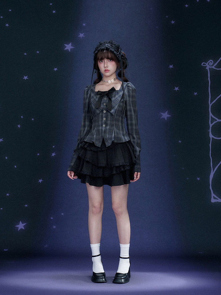 Jirai Plaid Bow Corset Long Sleeve Top