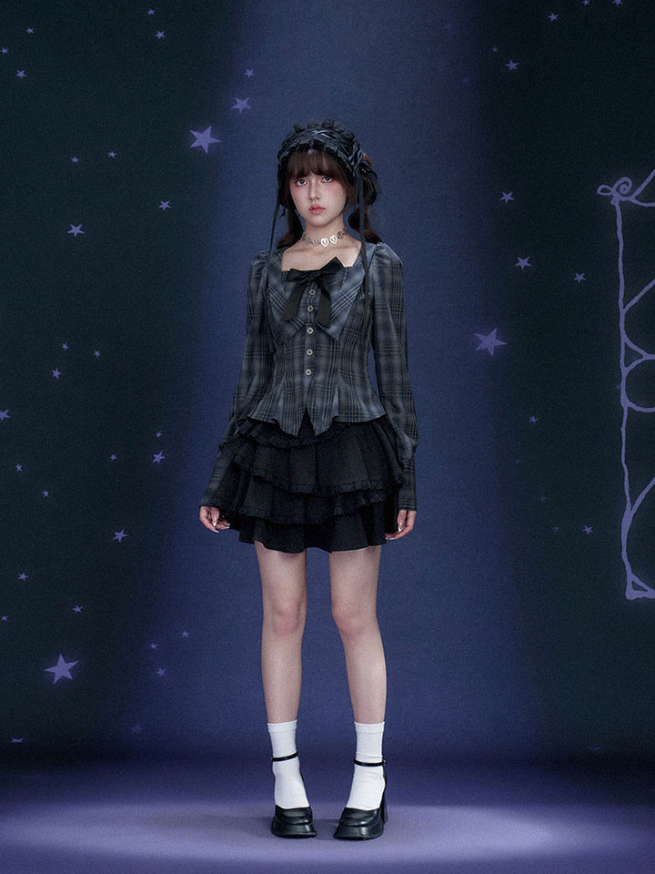 Jirai Plaid Bow Corset Long Sleeve Top