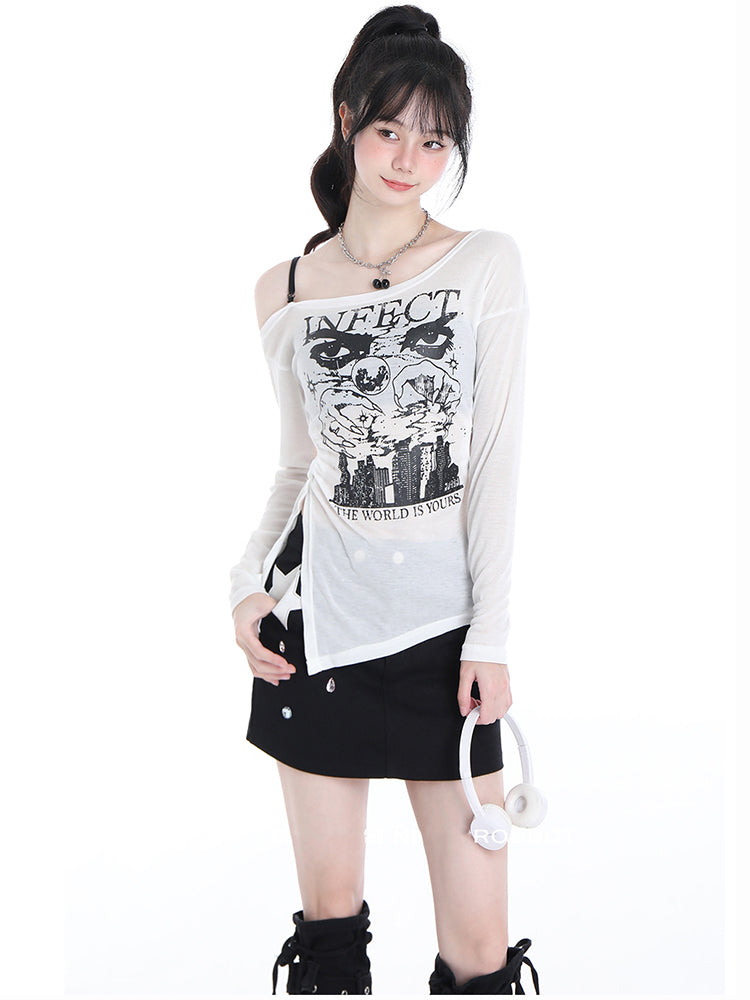 Korean Mesh Long-sleeved Thin Spring and Autumn Shoulder-baring Top