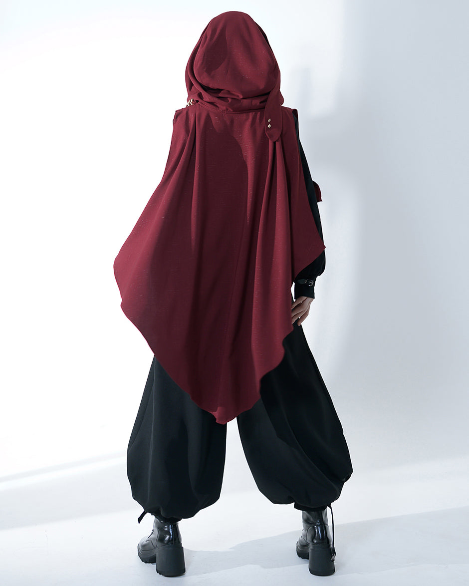 Stylish Burgundy Hooded Cape with Embellishments