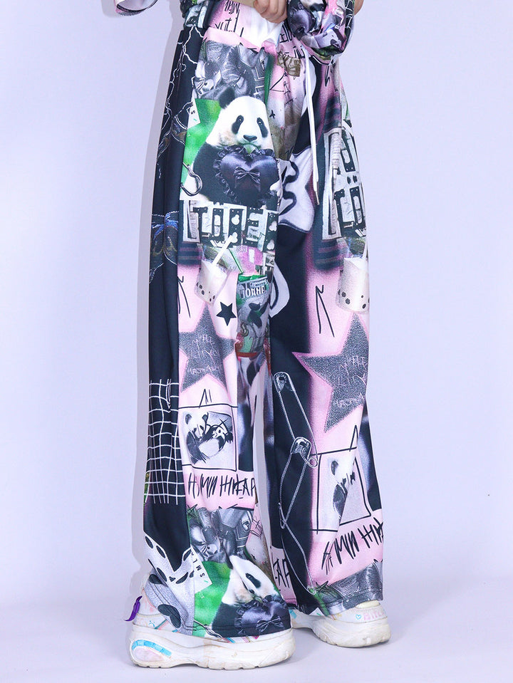 Black Pink Panda Graphic Wide Leg Pants