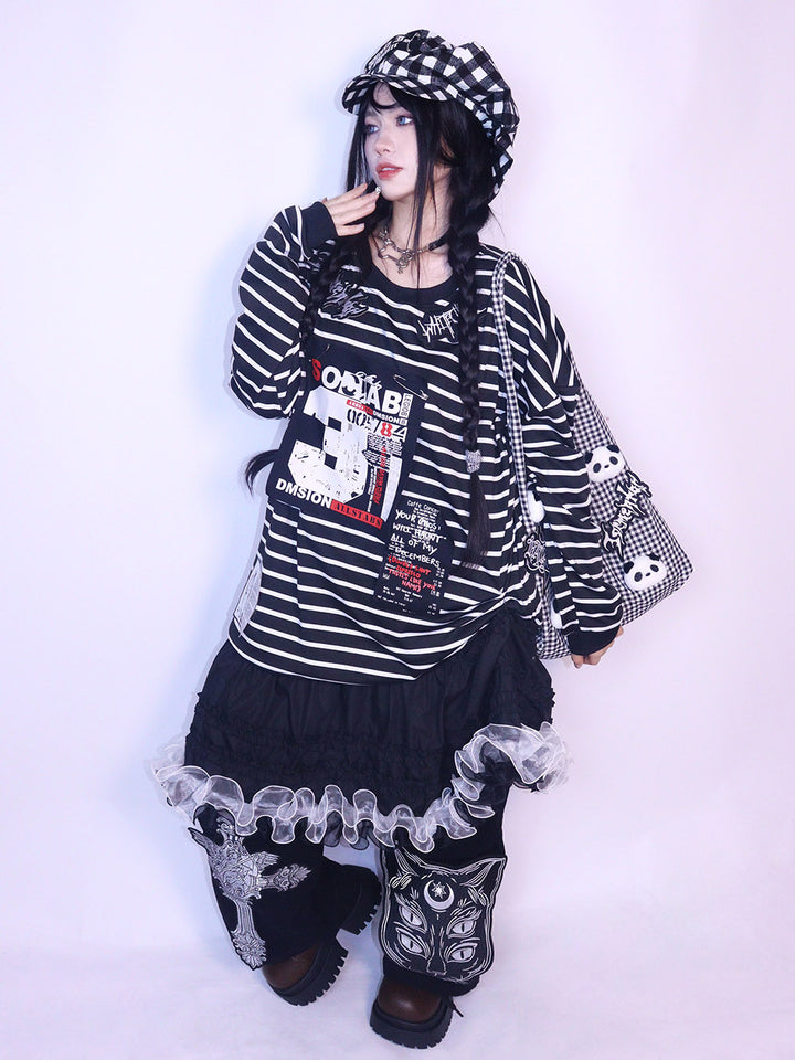 Black Striped Graphic Oversized Long Sleeve T Shirt