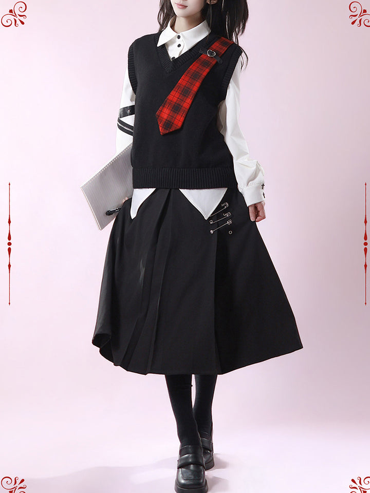 Punk Buckle Belted Safety Pin Skirt