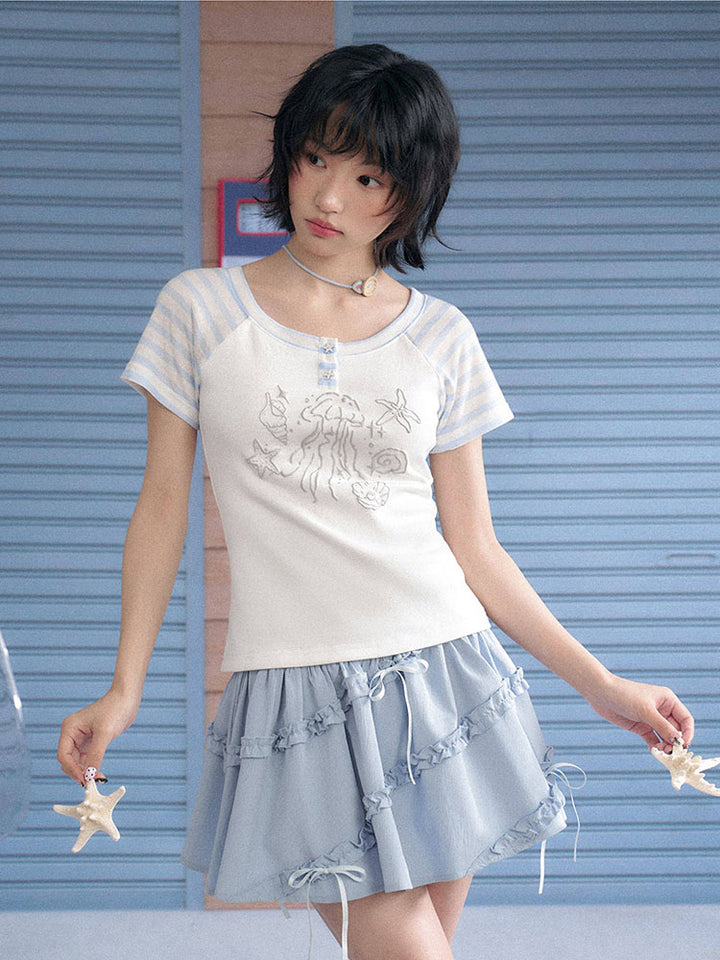 Kawaii Jellyfish Starfish Stripe Sleeve T-shirt