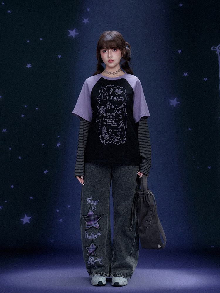 Black Purple Graffiti Print Faux Two Piece Top