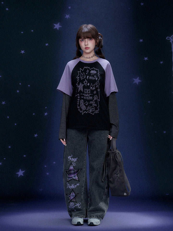 Black Purple Graffiti Print Faux Two Piece Top