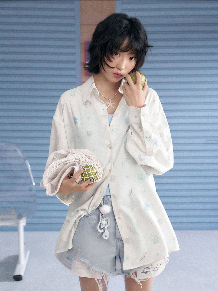Oversized Subcul Marine Heart Pocket Long Sleeve Shirt
