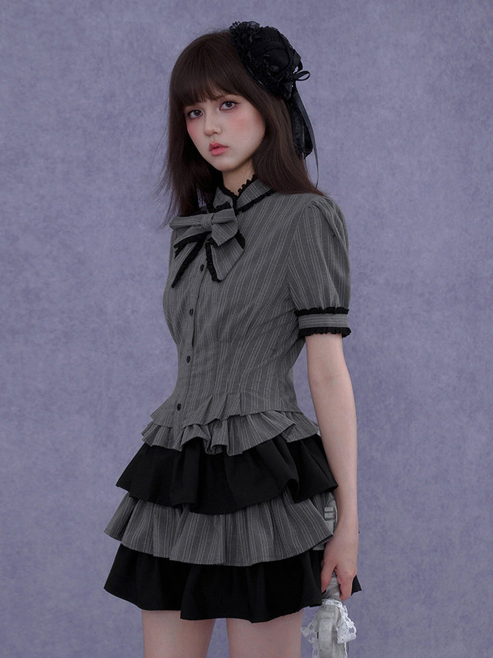 Pinstripe Tiered Ruffle Gothic Smock Dress