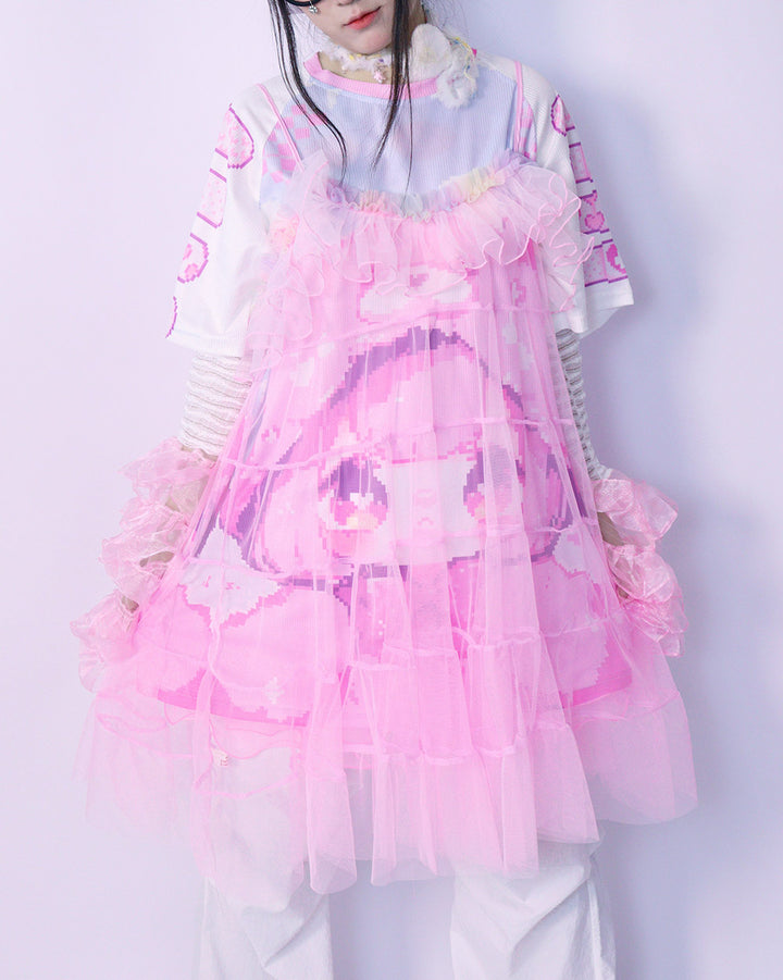 Pink Sheer Ruffle Tiered Cami Dress